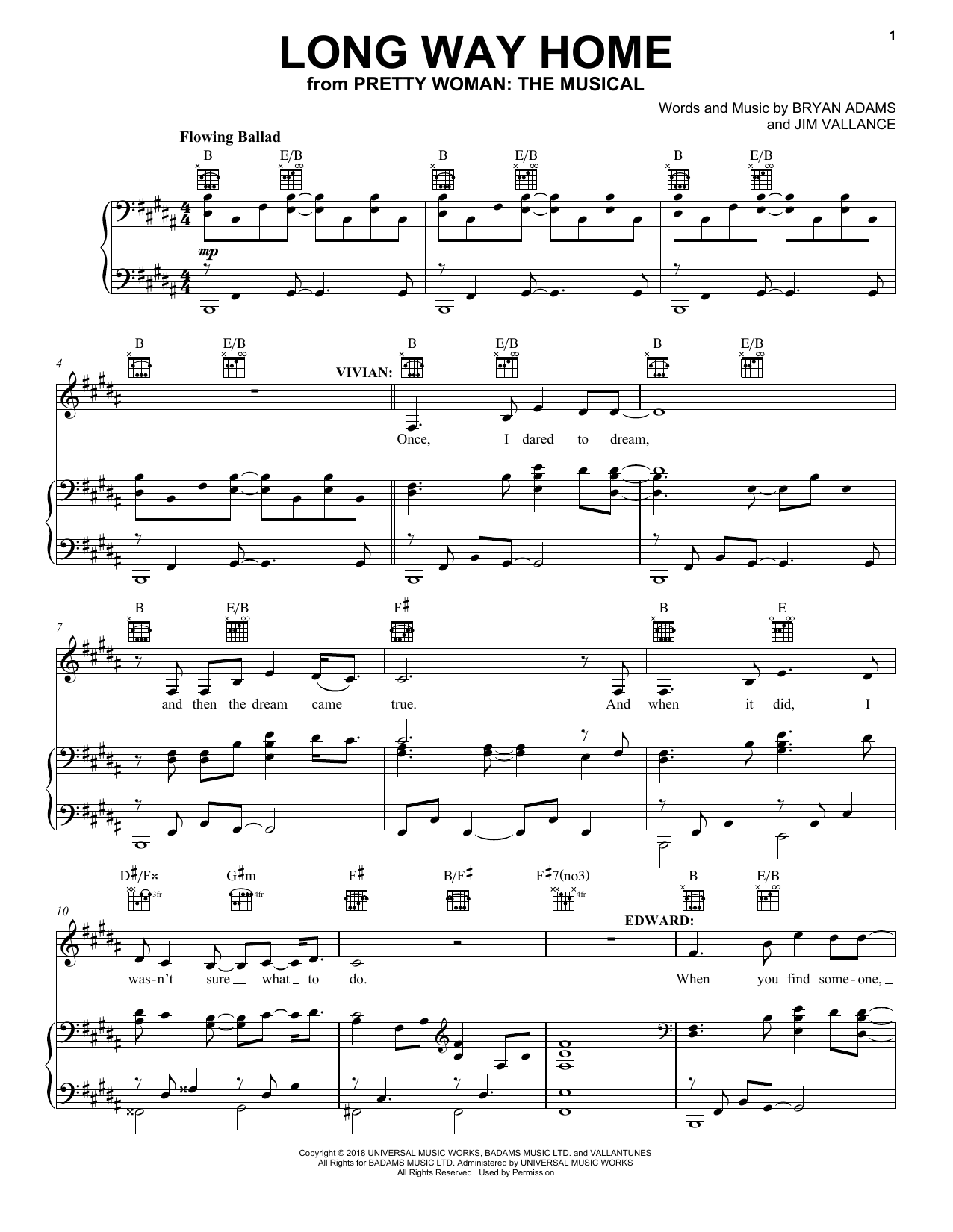 Bryan Adams & Jim Vallance Long Way Home (from Pretty Woman: The Musical) Sheet Music
