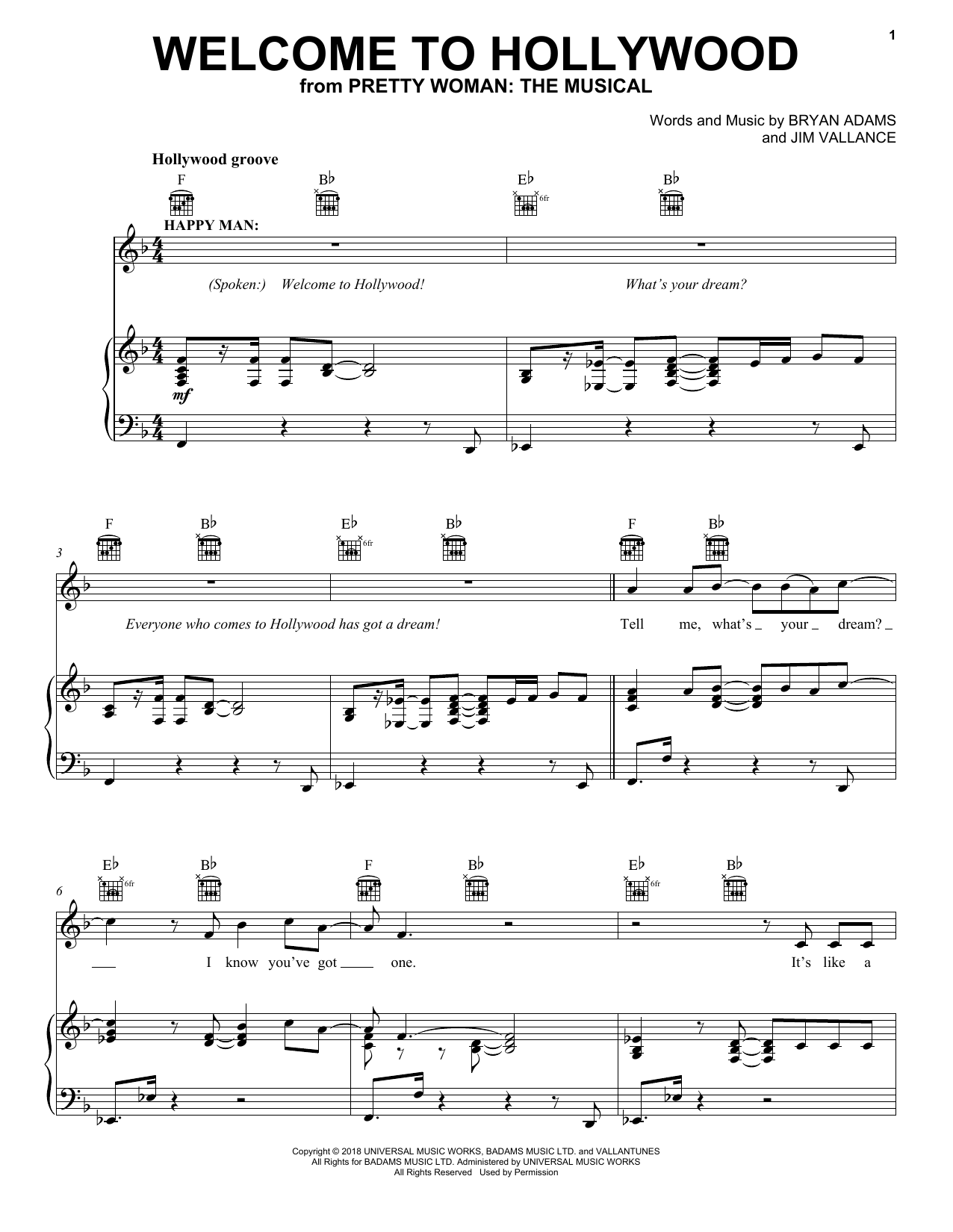 Bryan Adams & Jim Vallance Welcome To Hollywood (from Pretty Woman: The Musical) Sheet Music