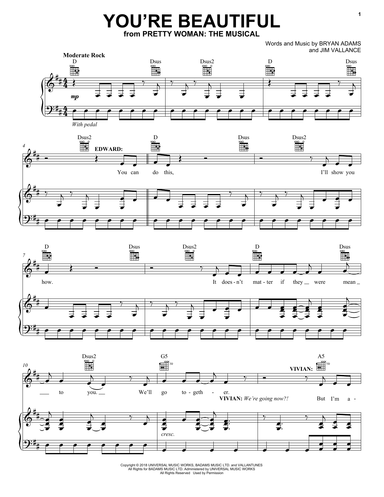 Bryan Adams & Jim Vallance You're Beautiful (from Pretty Woman: The Musical) Sheet Music