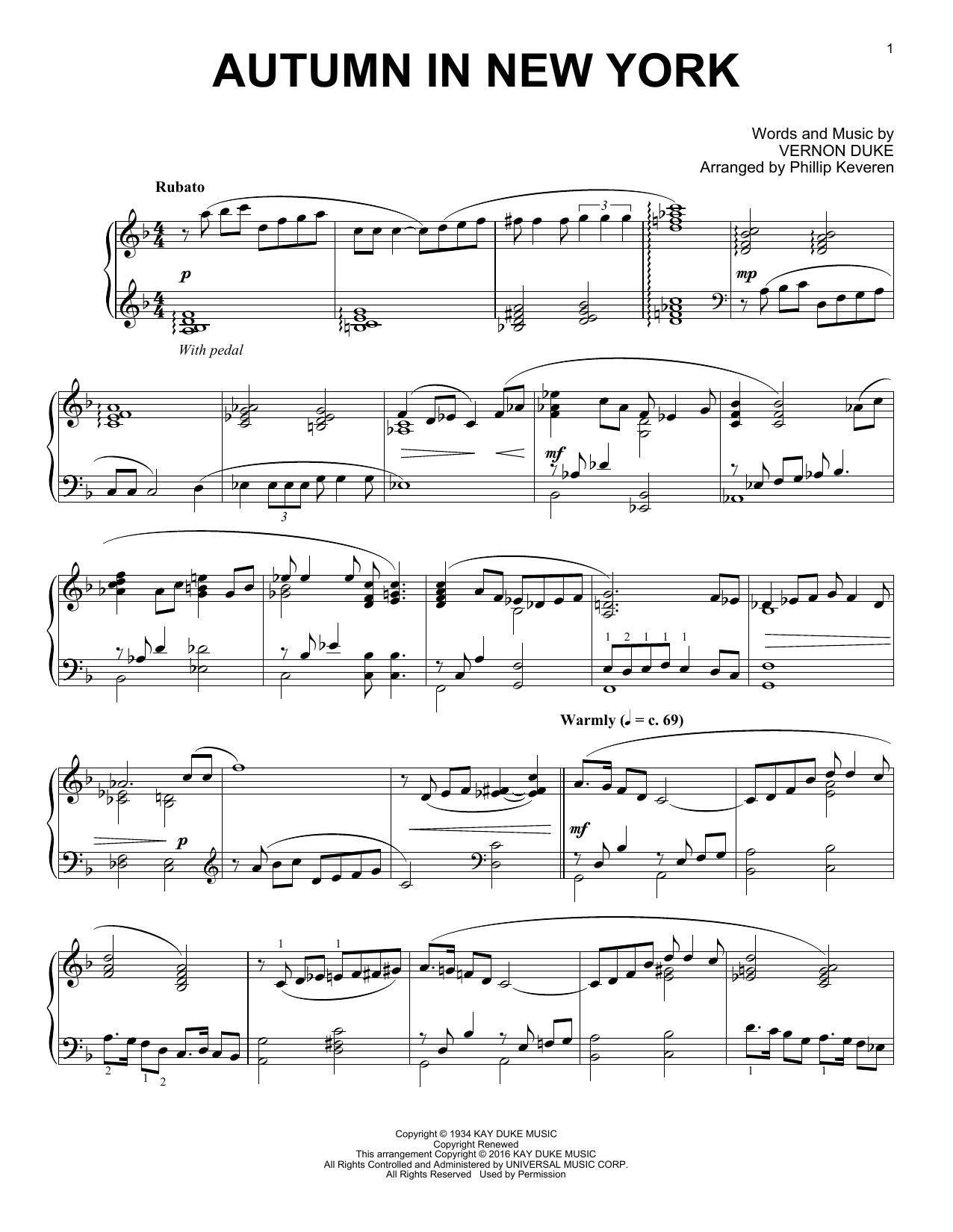 Bud Powell Autumn In New York (arr. Phillip Keveren) Sheet Music
