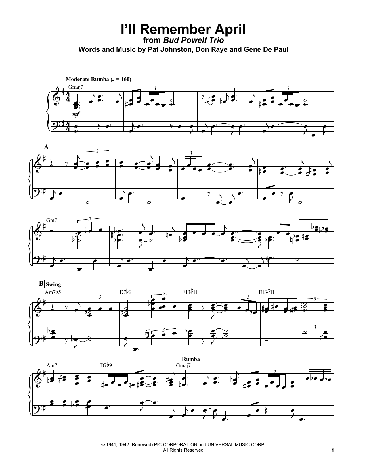 Bud Powell I'll Remember April Sheet Music