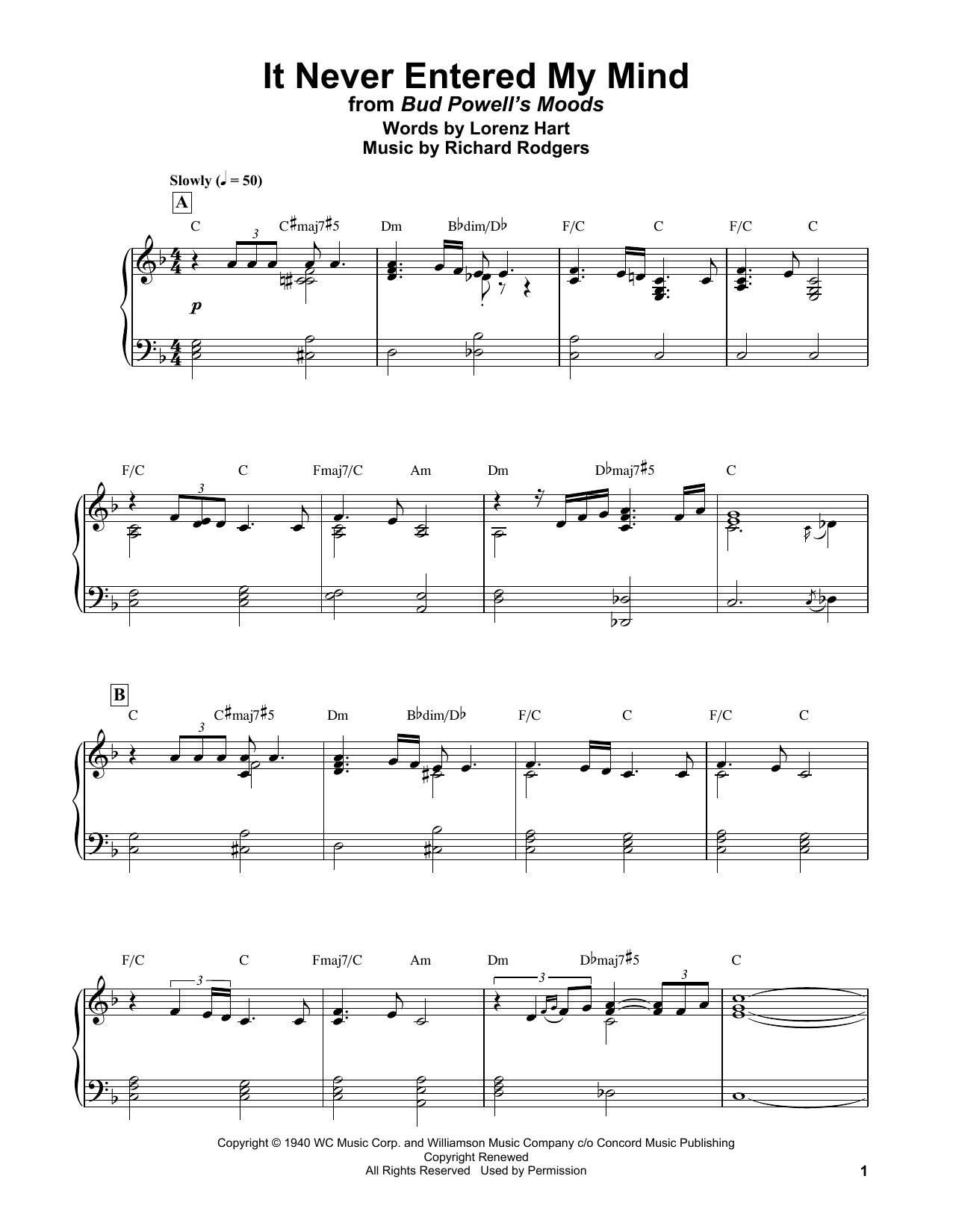 Bud Powell It Never Entered My Mind Sheet Music