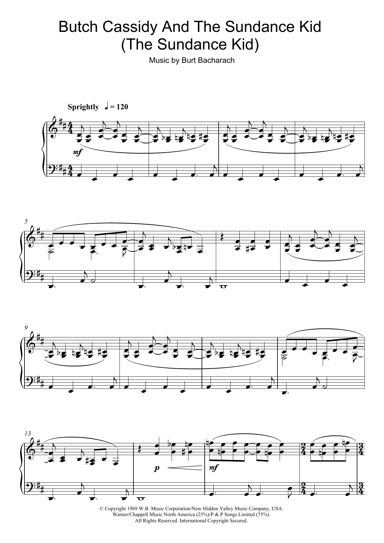Burt Bacharach Butch Cassidy And The Sundance Kid (The Sundance Kid) Sheet Music