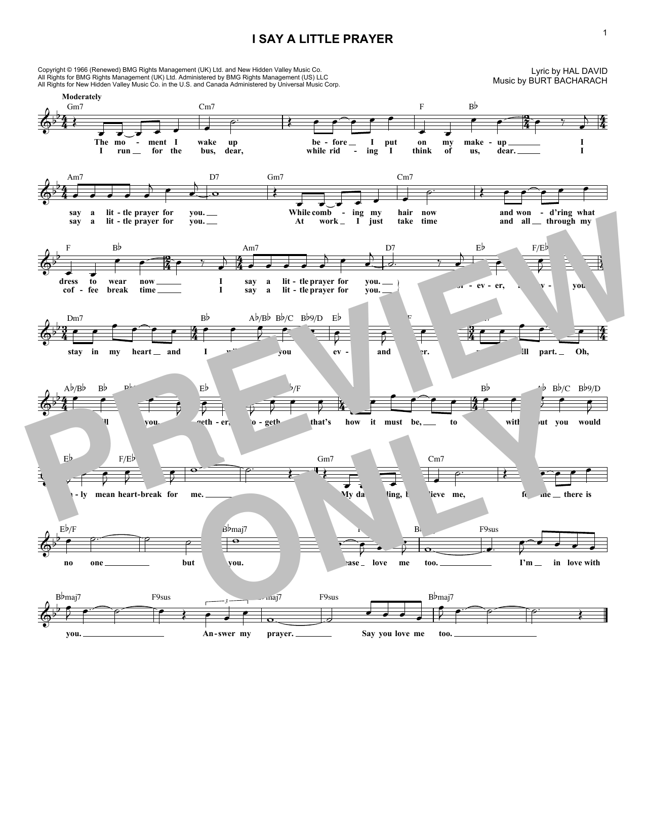Burt Bacharach I Say A Little Prayer Sheet Music