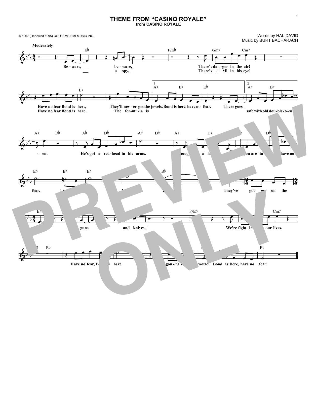 Burt Bacharach Theme From Casino Royale Sheet Music