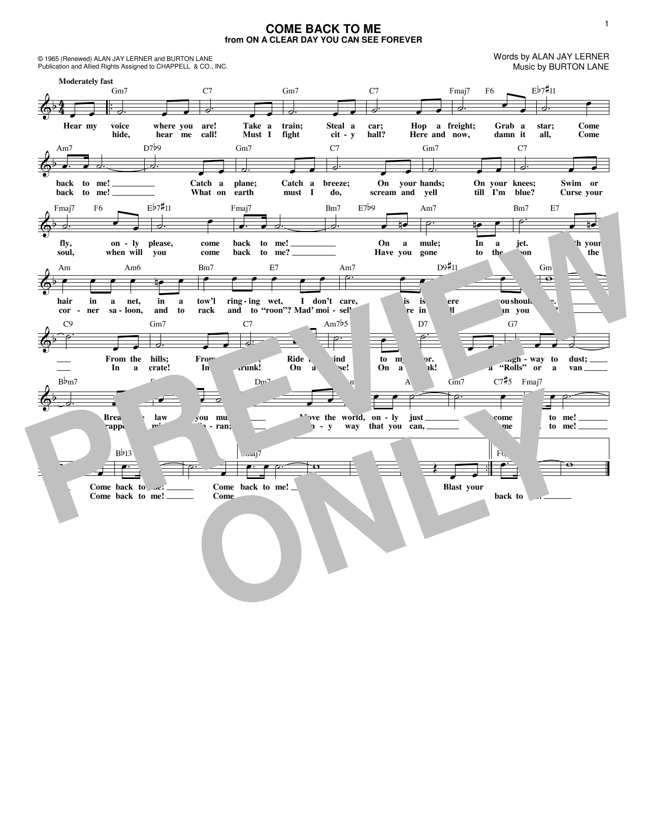 Burton Lane Come Back To Me Sheet Music