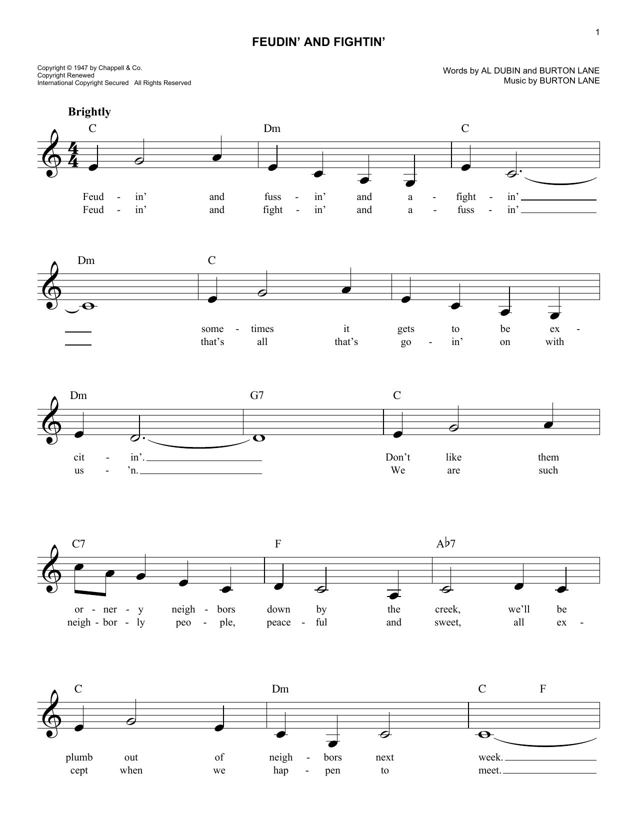 Burton Lane Feudin' And Fightin' Sheet Music