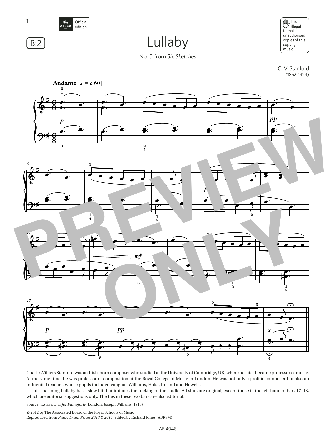 C V Stanford Lullaby (Grade 2, list B2, from the ABRSM Piano Syllabus 2023 & 2024) Sheet Music