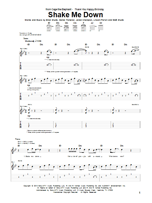 Cage The Elephant Shake Me Down Sheet Music
