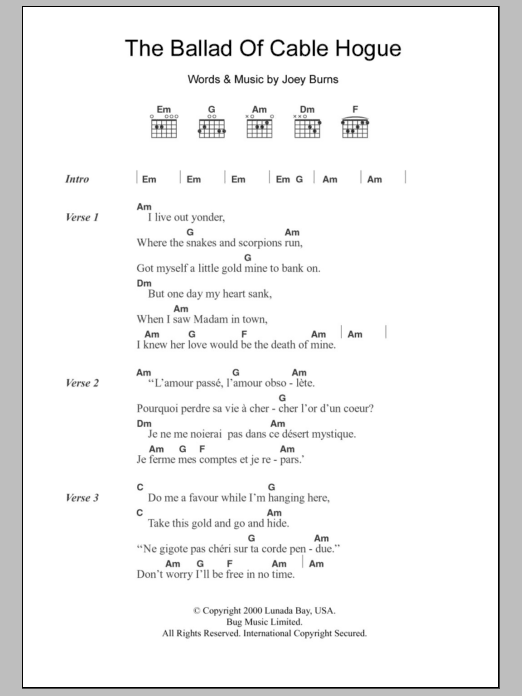 Calexico The Ballad Of Cable Hogue Sheet Music