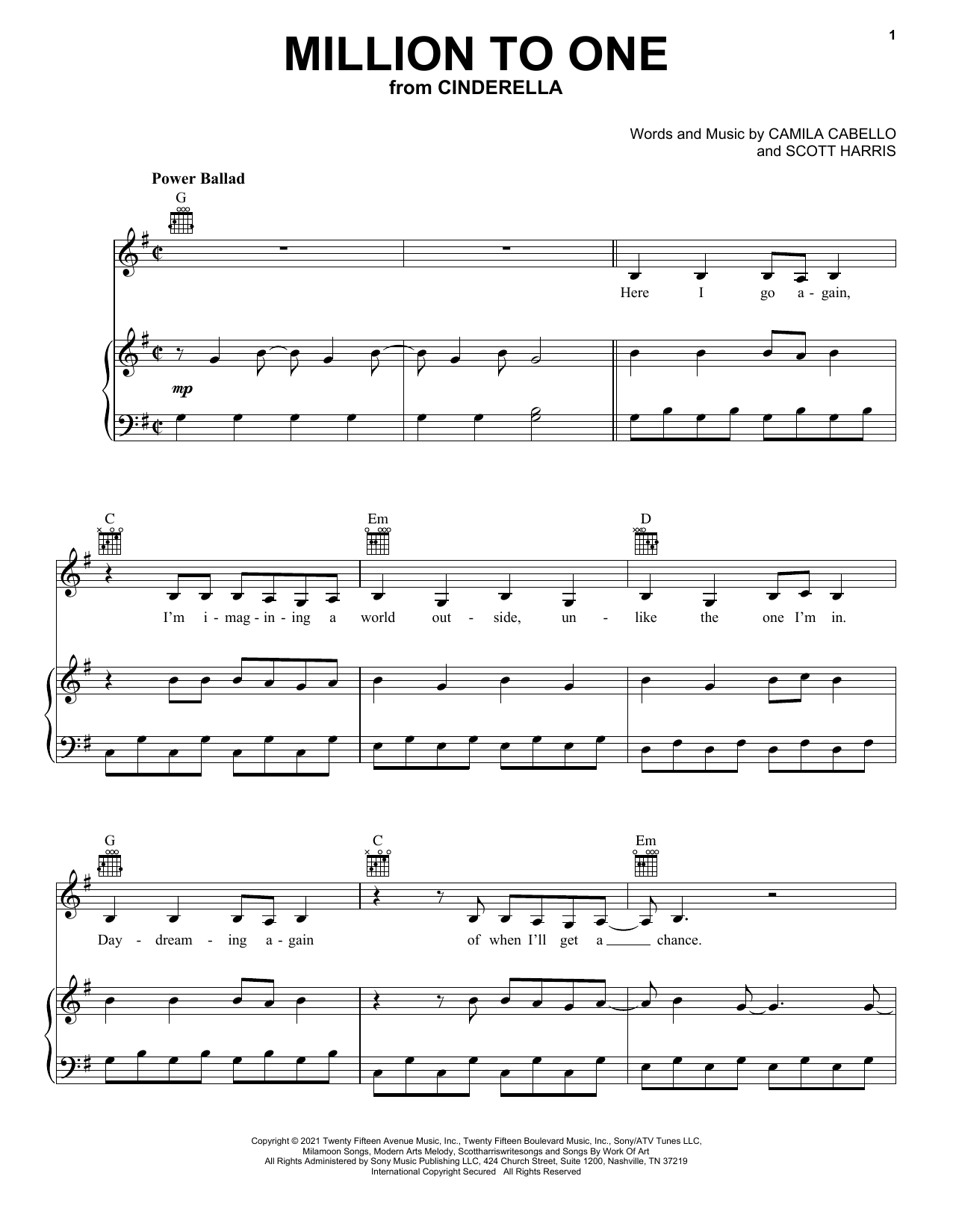 Camila Cabello Million To One (from the Amazon Original Movie Cinderella) Sheet Music