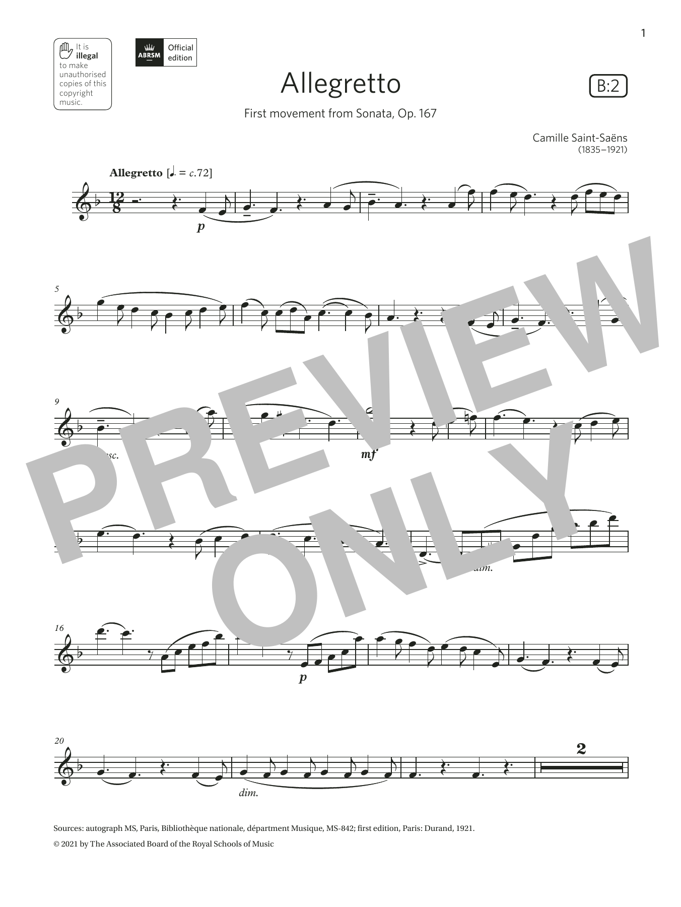 Camille Saint-Saens Allegretto (from Sonata, Op. 167) (Grade 7 List B2 from the ABRSM Clarinet sylla Sheet Music