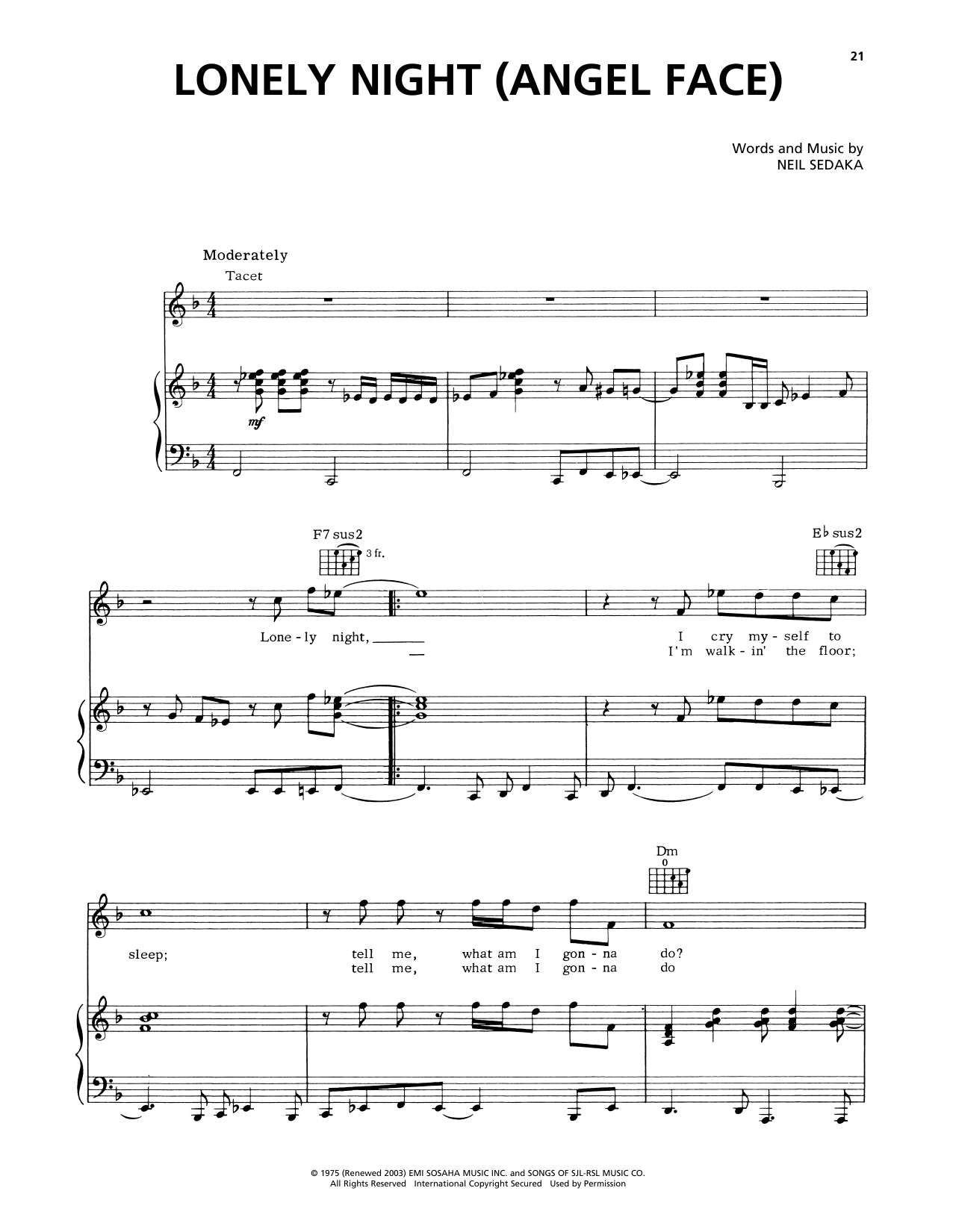 Captain & Tennille Lonely Night (Angel Face) Sheet Music