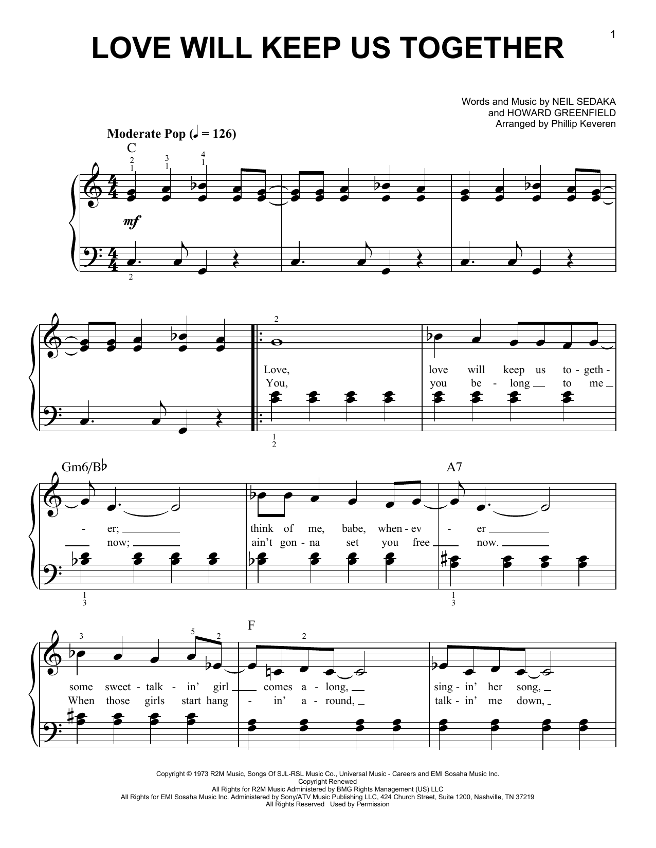 Captain & Tennille Love Will Keep Us Together (arr. Phillip Keveren) Sheet Music