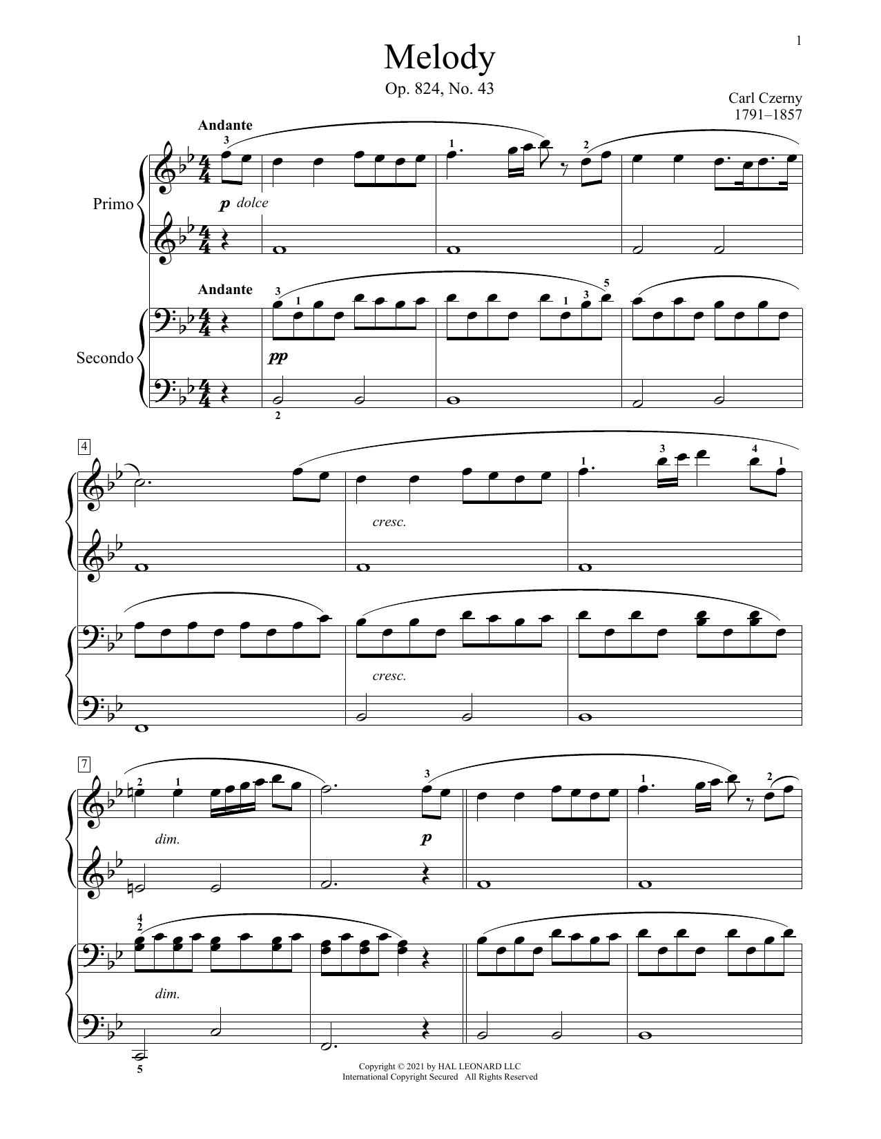 Carl Czerny Melody, Op. 824, No. 43 Sheet Music