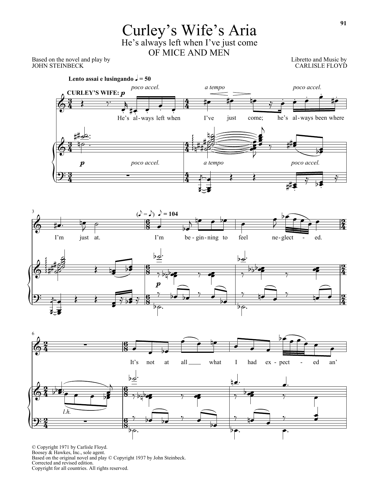 Carlisle Floyd Curley's Wife's Aria (He's Always Left When I've Just Come) (from Of Mice And Me Sheet Music
