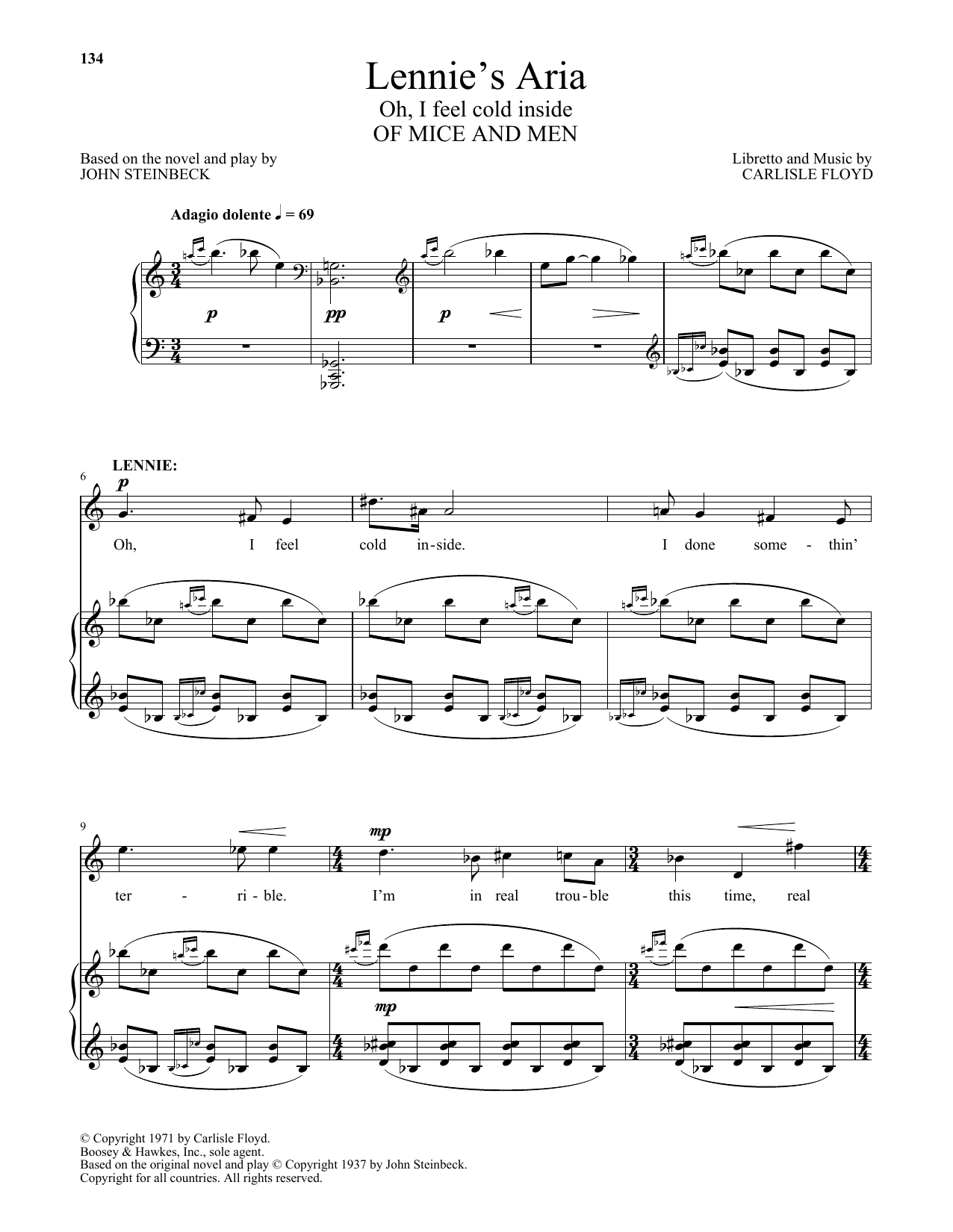 Carlisle Floyd Lennie's Aria (Oh, I feel cold inside) (from Of Mice And Men) Sheet Music