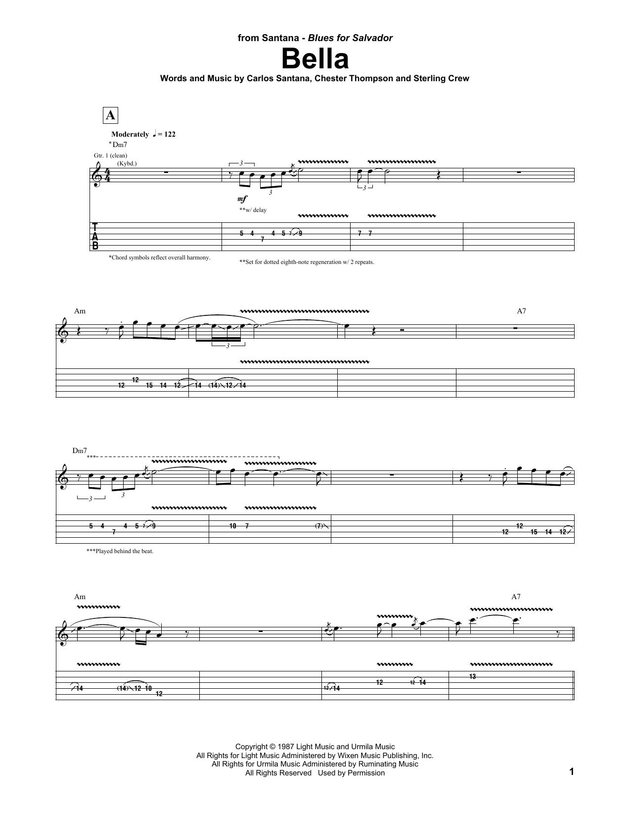 Carlos Santana Bella Sheet Music