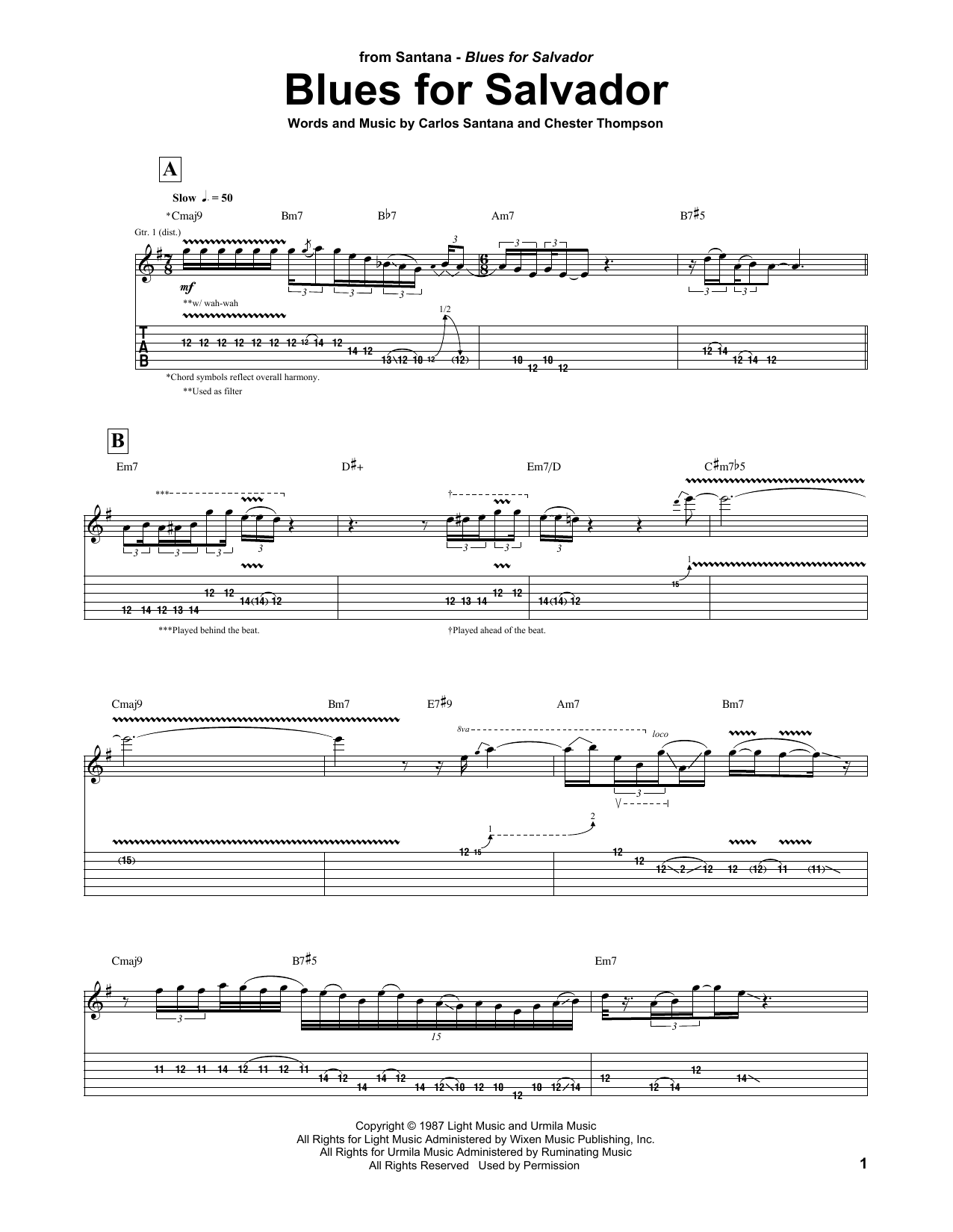 Carlos Santana Blues For Salvador Sheet Music