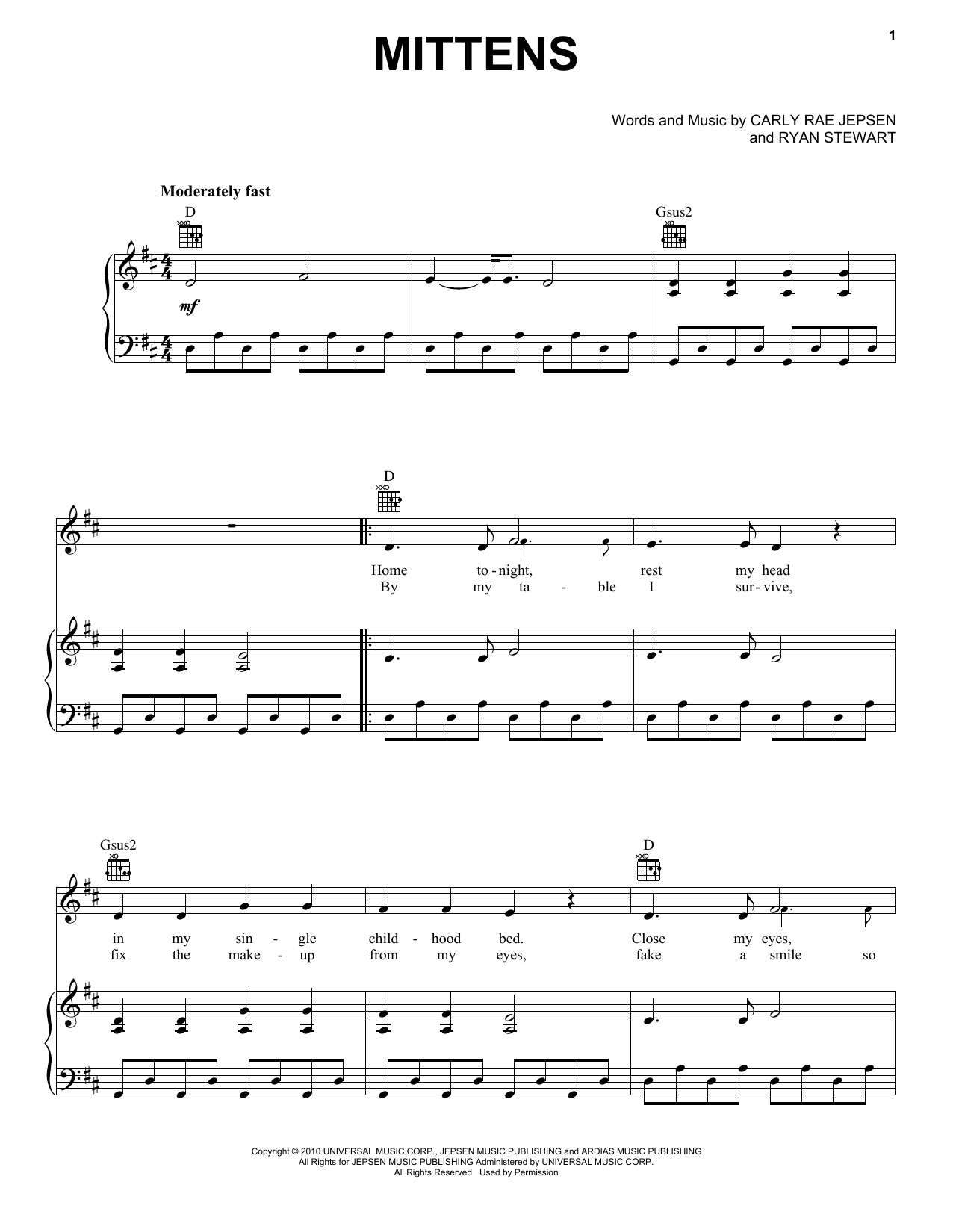 Carly Rae Jepsen Mittens Sheet Music