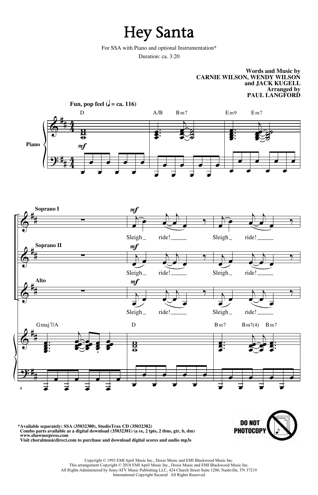 Carnie & Wendy Wilson Hey Santa! (arr. Paul Langford) Sheet Music