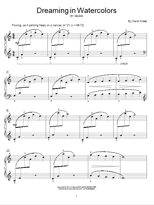 Carol Klose Dreaming In Watercolors Sheet Music