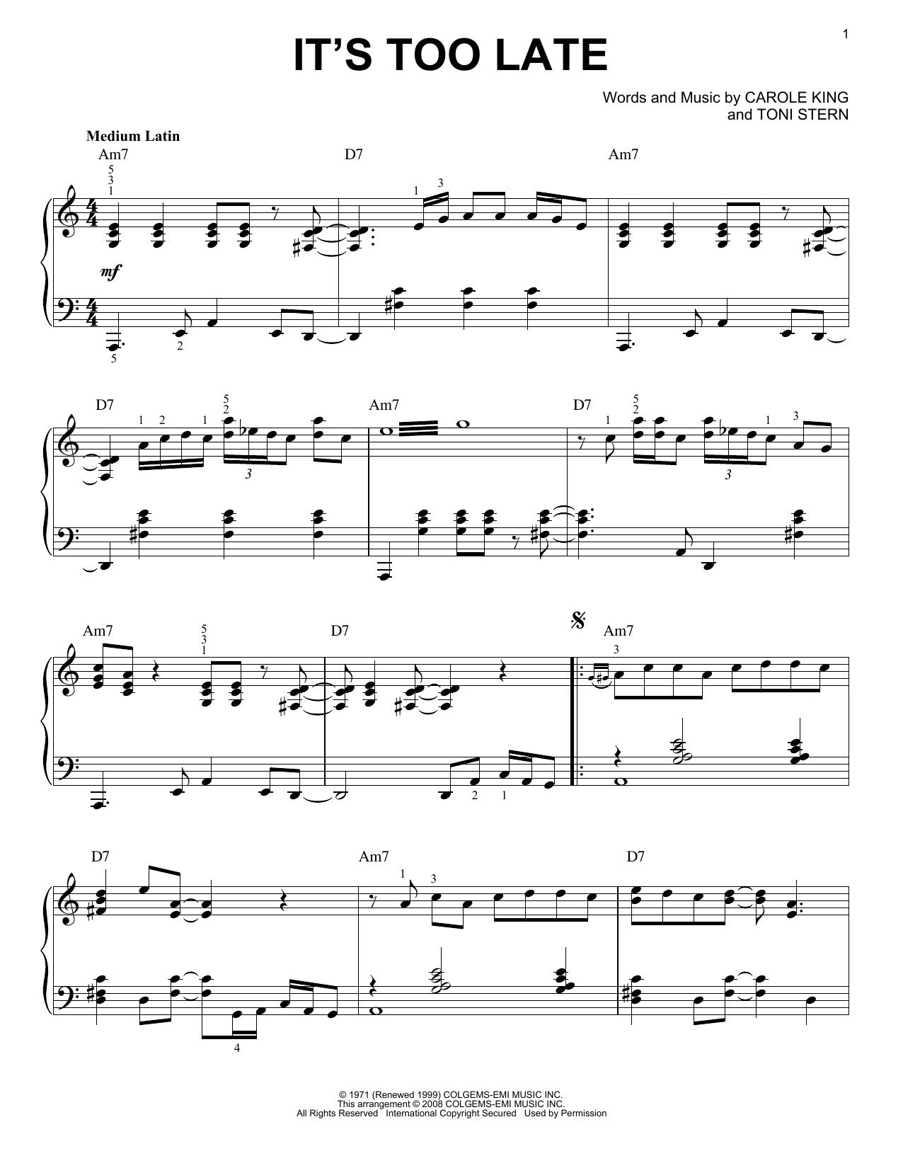 Carole King It's Too Late [Jazz version] (arr. Brent Edstrom) Sheet Music