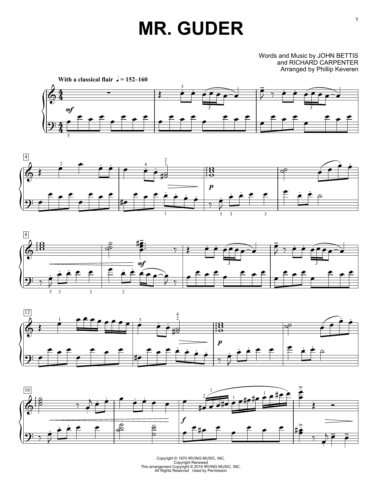 Carpenters Mr. Guder (arr. Phillip Keveren) Sheet Music