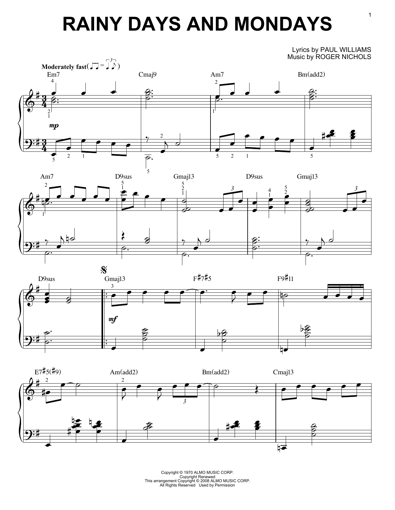 Carpenters Rainy Days And Mondays [Jazz version] (arr. Brent Edstrom) Sheet Music