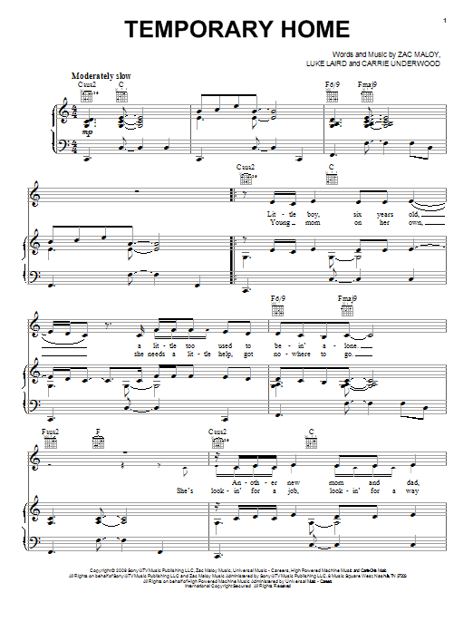 Carrie Underwood Temporary Home Sheet Music