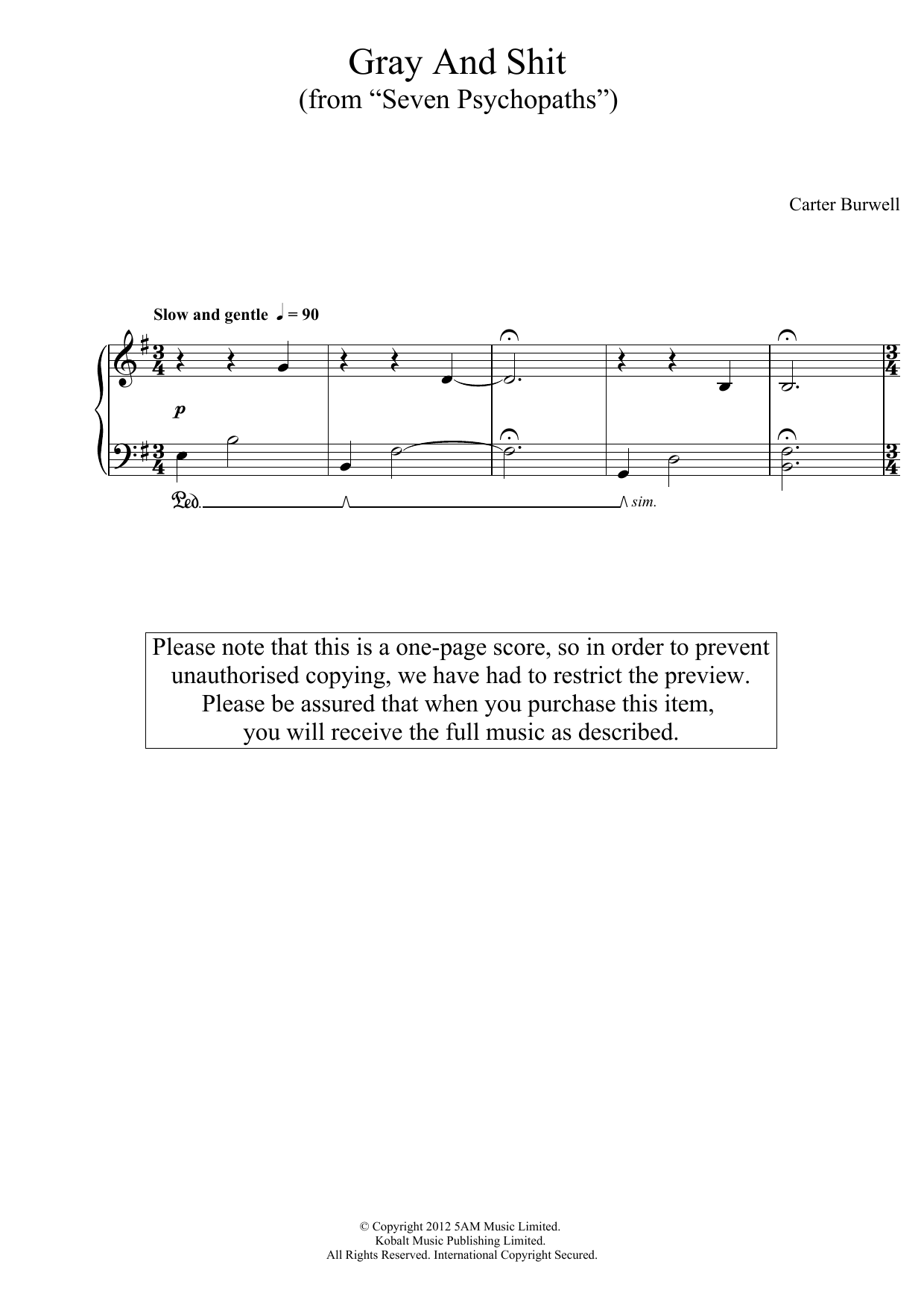 Carter Burwell Gray And Shit (From Seven Psychopaths) Sheet Music