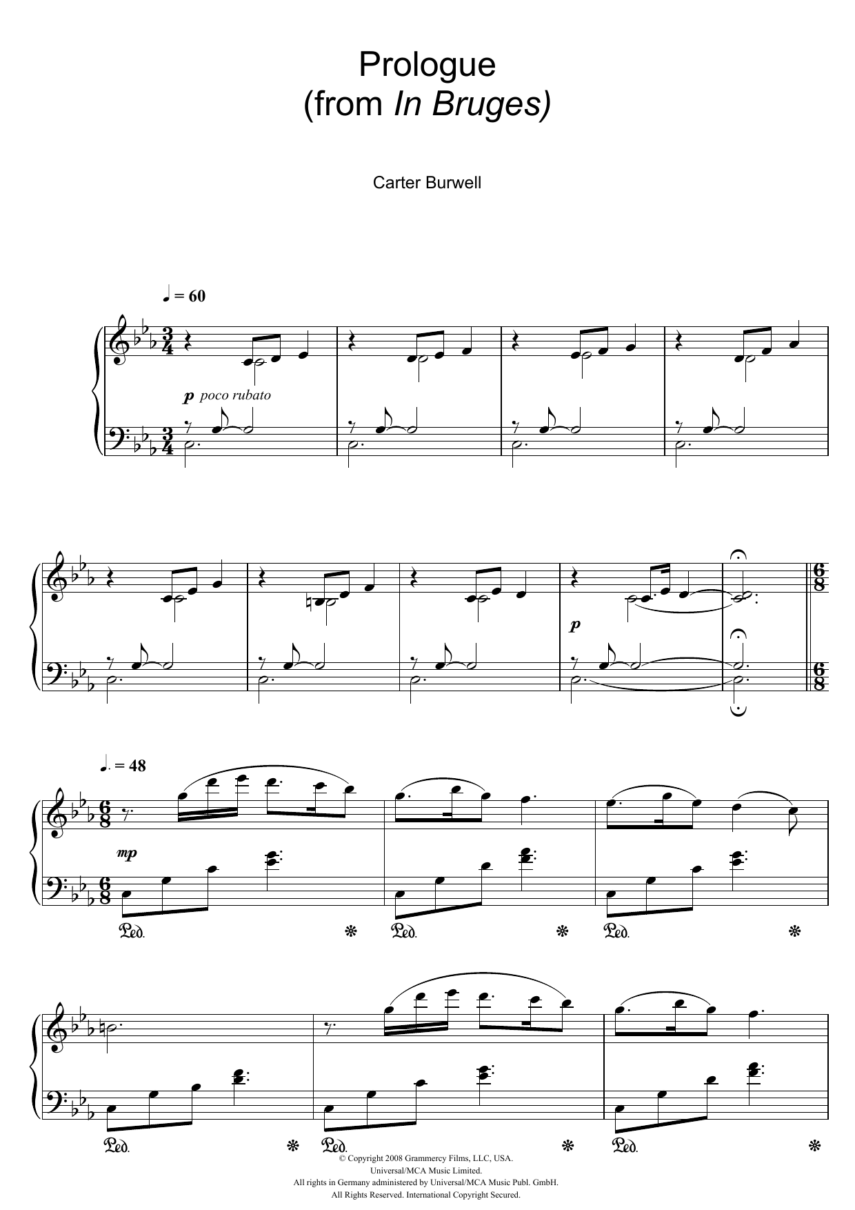 Carter Burwell Prologue (from In Bruges) Sheet Music