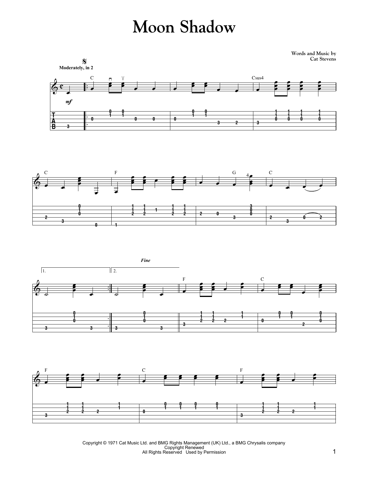 Carter Style Guitar Moon Shadow Sheet Music