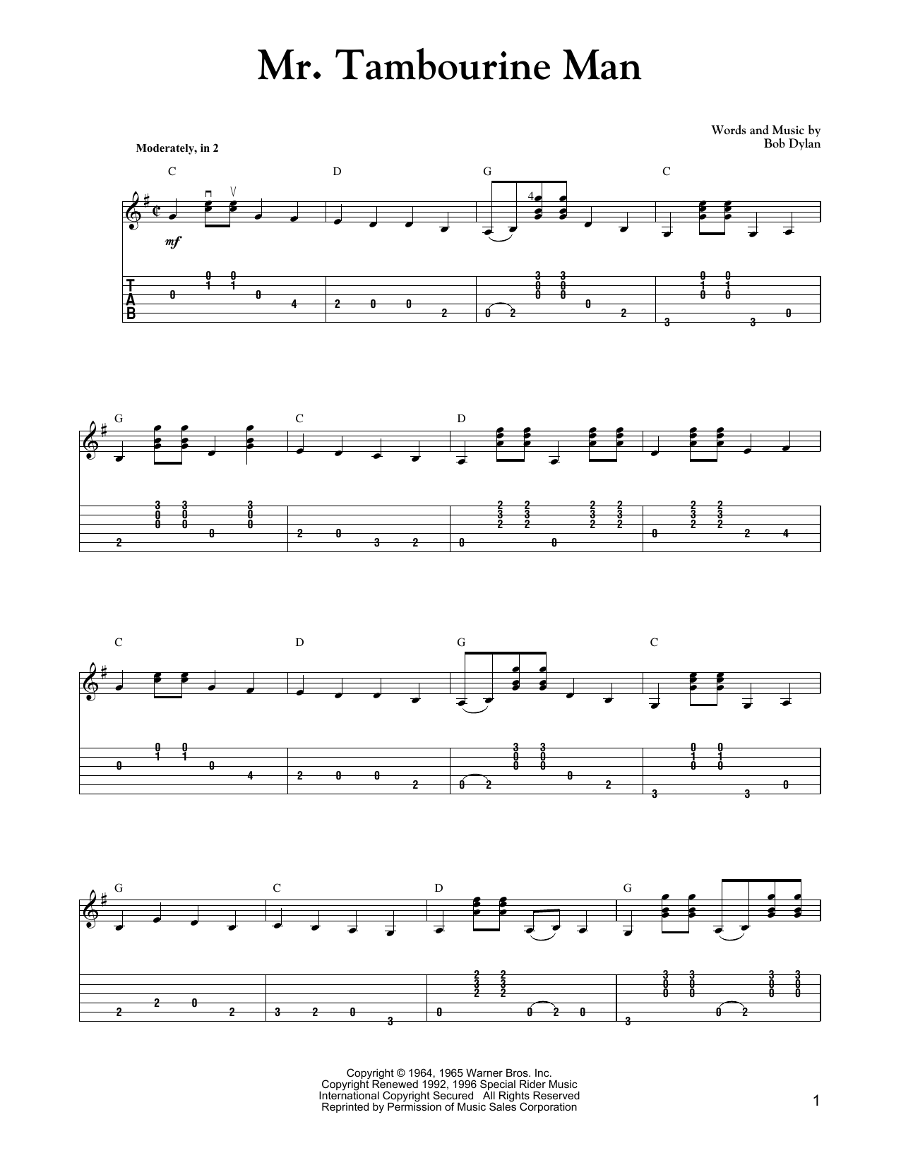 Carter Style Guitar Mr. Tambourine Man Sheet Music