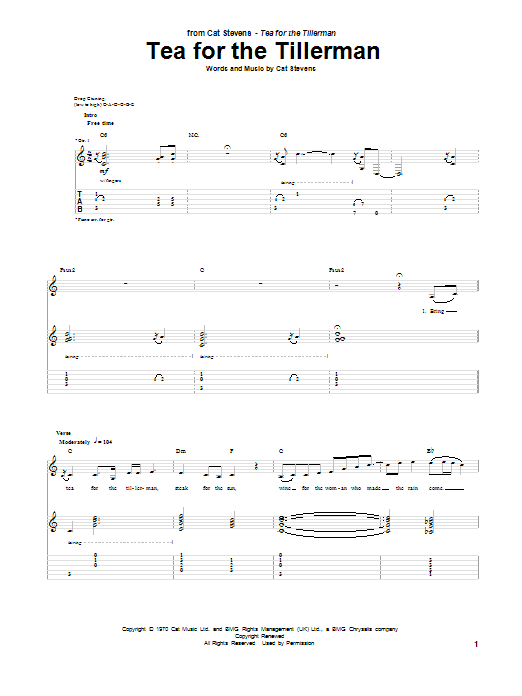 Cat Stevens Tea For The Tillerman (closing theme from Extras) Sheet Music