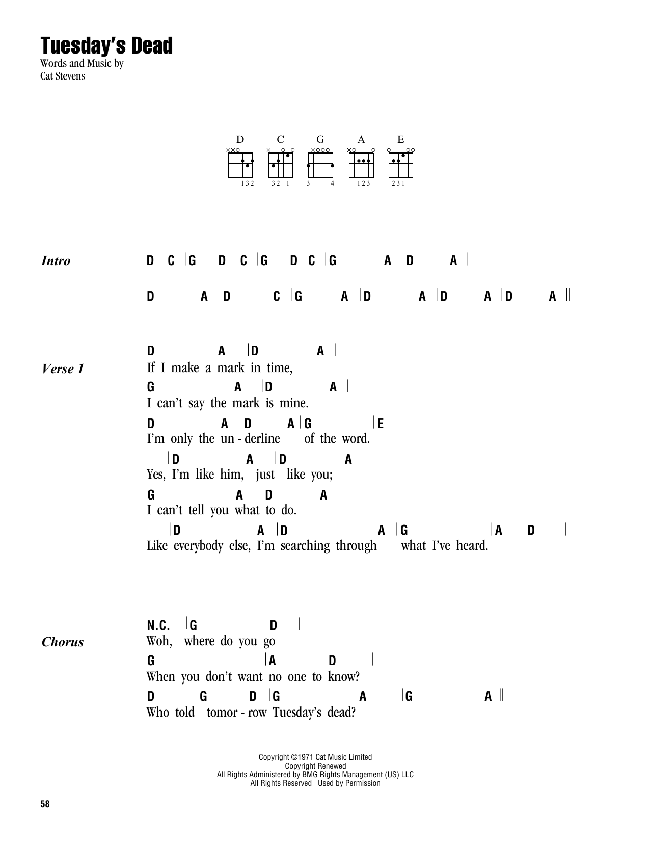 Cat Stevens Tuesday's Dead Sheet Music