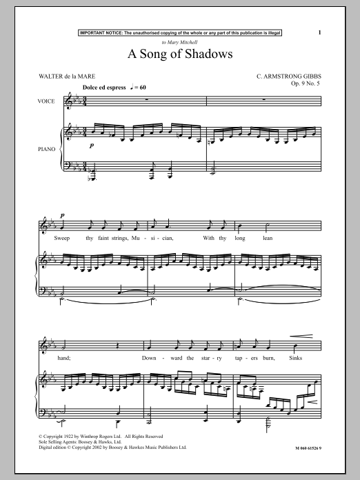 Cecil Armstrong Gibbs A Song Of Shadows Sheet Music