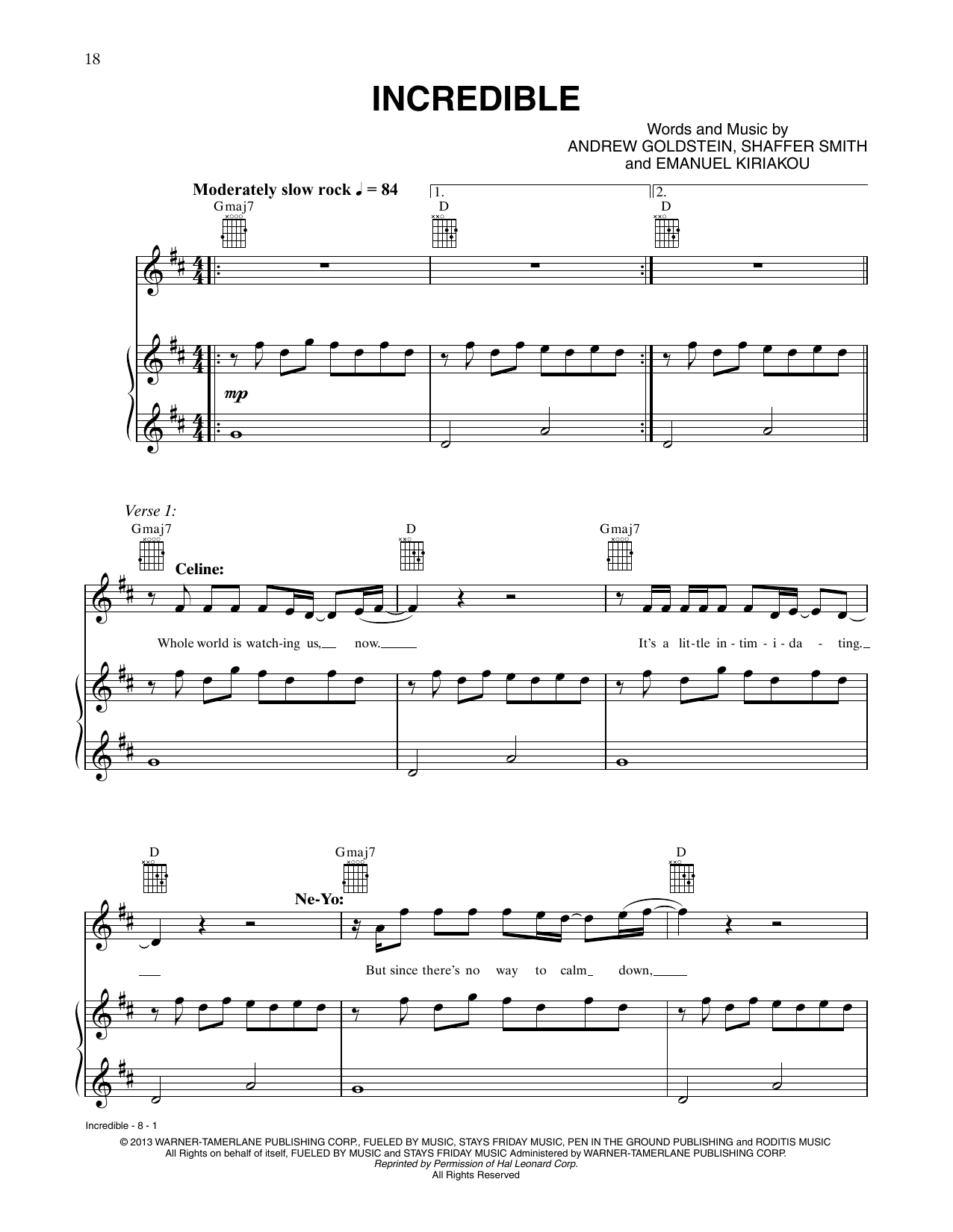 Céline Dion and Ne-Yo Incredible Sheet Music
