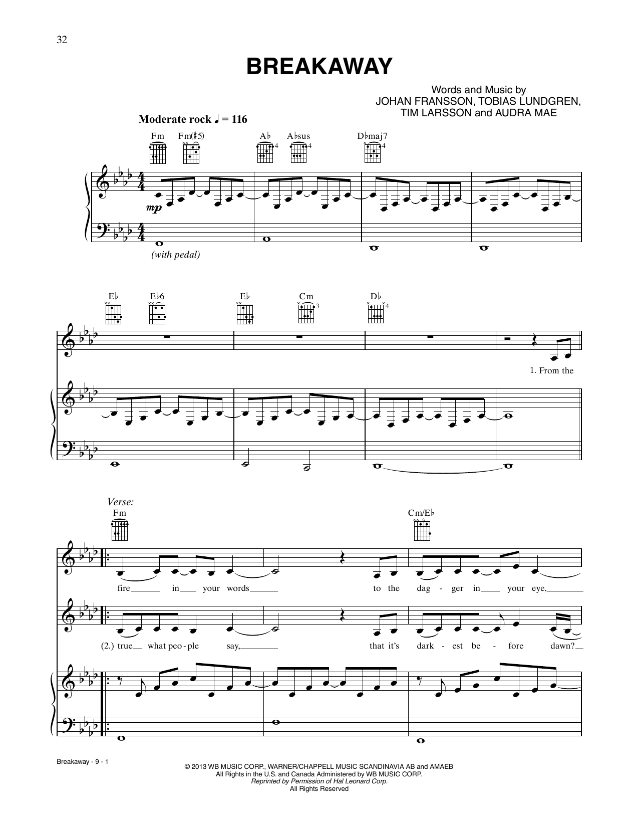 CÉLINE DION Breakaway Sheet Music
