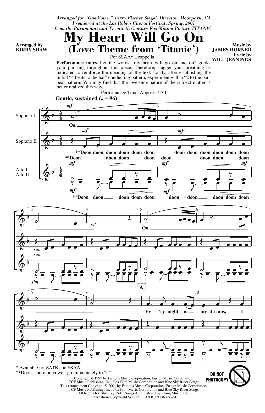 Celine Dion My Heart Will Go On (Love Theme From Titanic) (arr. Kirby Shaw) Sheet Music
