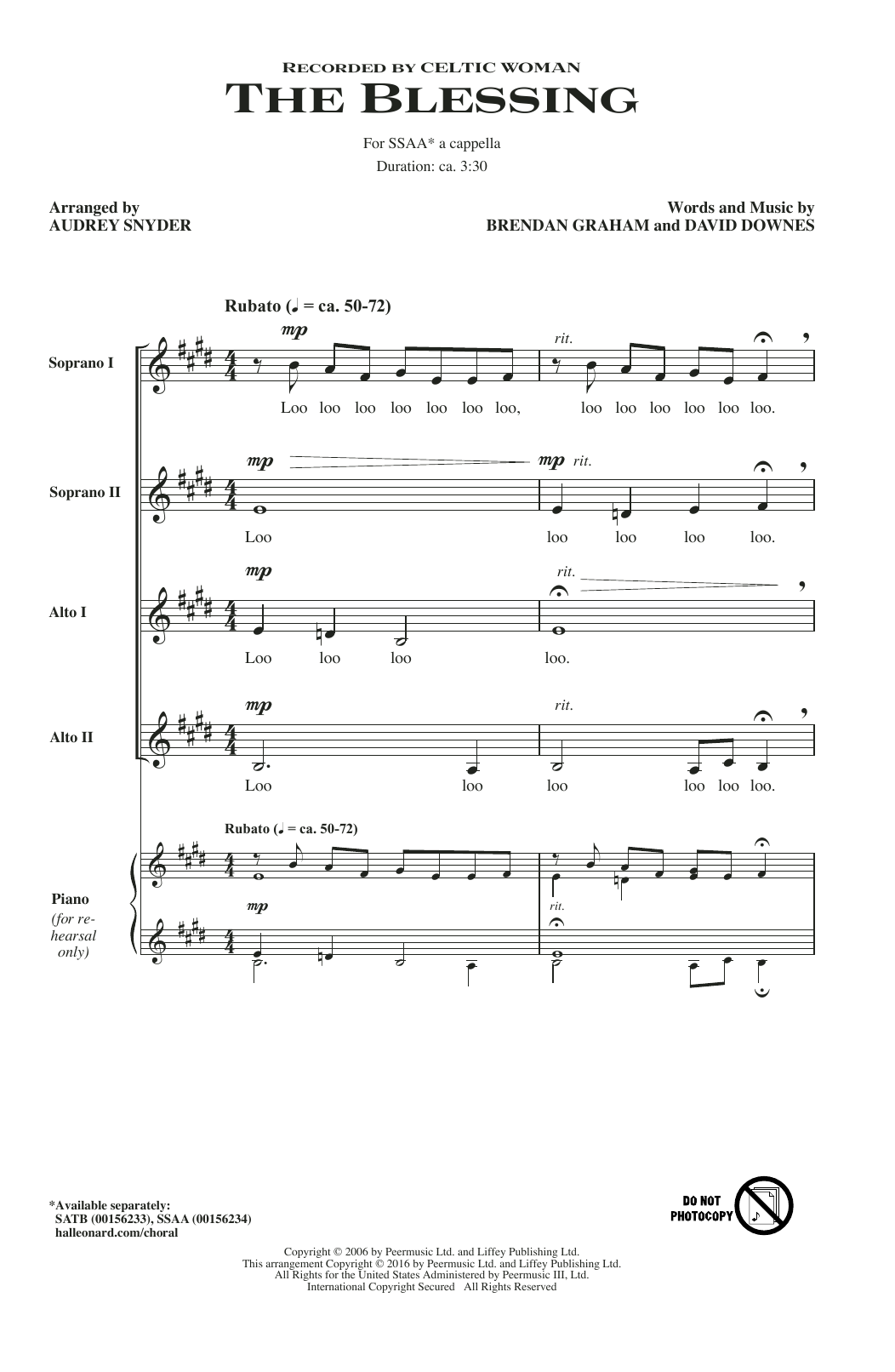 Celtic Woman The Blessing (arr. Audrey Snyder) Sheet Music
