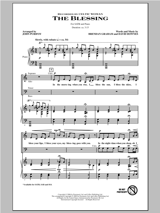 Celtic Woman The Blessing (arr. John Purifoy) Sheet Music