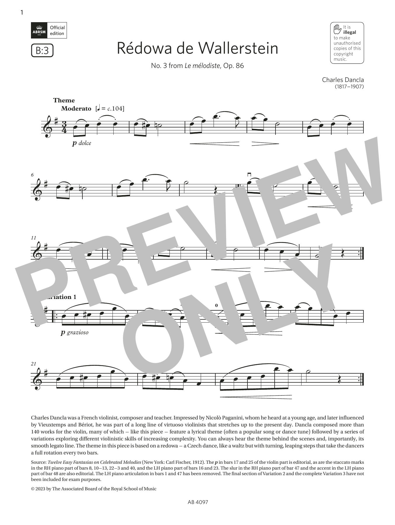 Charles Dancla Rédowa de Wallerstein (Grade 3, B3, from the ABRSM Violin Syllabus from 2024) Sheet Music