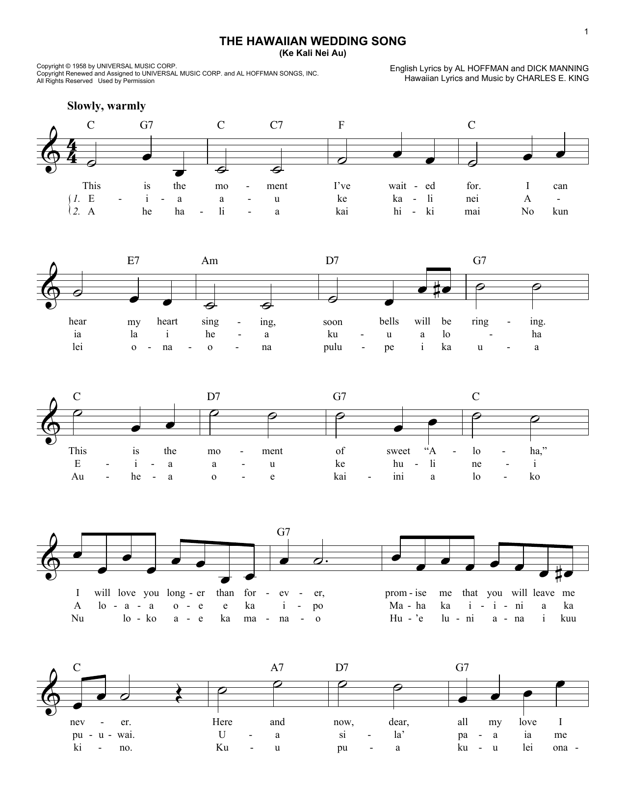 Charles E. King The Hawaiian Wedding Song (Ke Kali Nei Au) Sheet Music