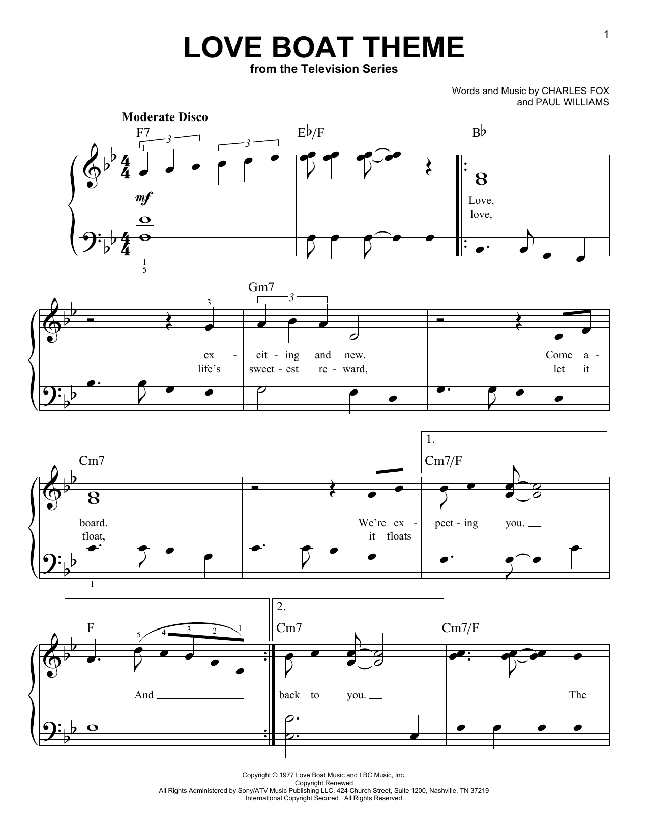 Charles Fox and Paul Williams Love Boat Theme Sheet Music
