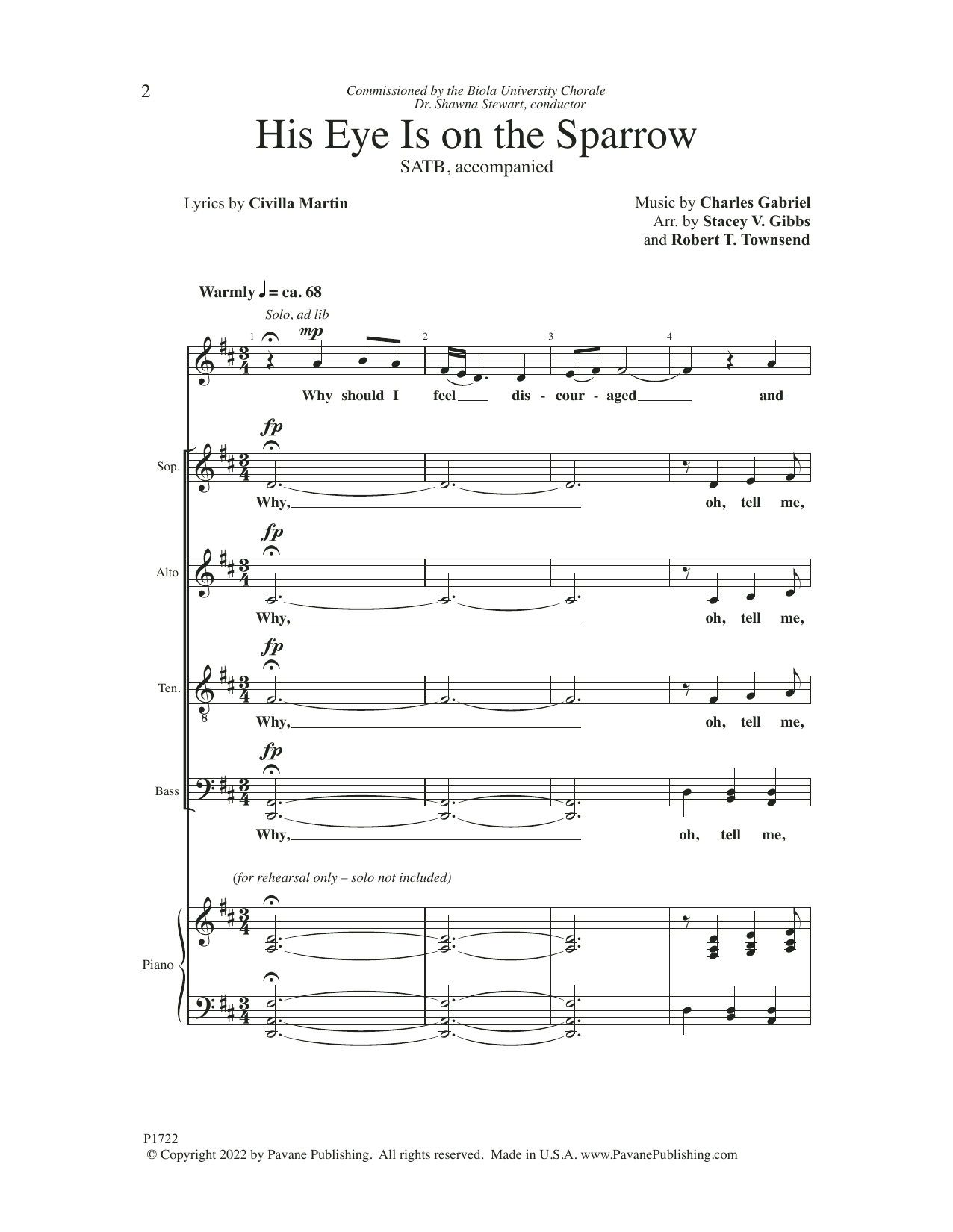 Charles Hutchinson Gabriel His Eye Is On The Sparrow (arr. Stacey V. Gibbs & Robert T. Townsend) Sheet Music