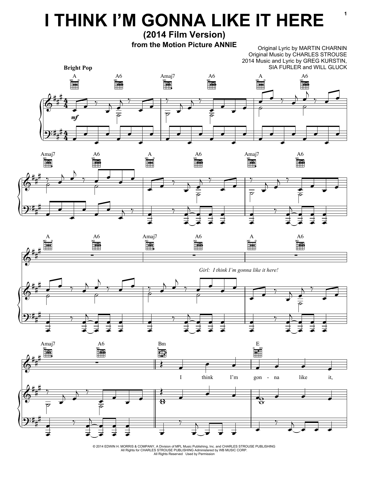 Charles Strouse I Think I'm Gonna Like It Here (2014 Film Version) Sheet Music