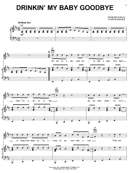 Charlie Daniels Band Drinkin' My Baby Goodbye Sheet Music