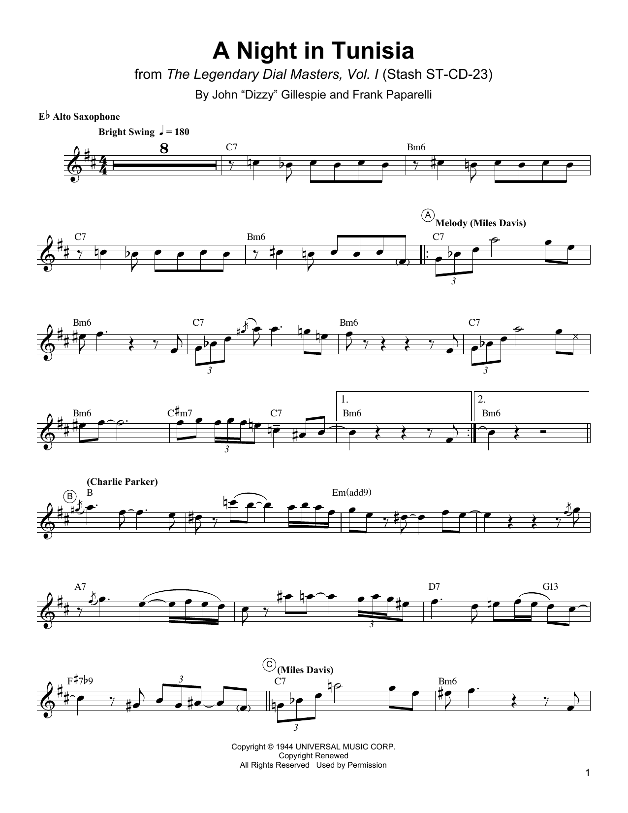 Charlie Parker A Night In Tunisia Sheet Music