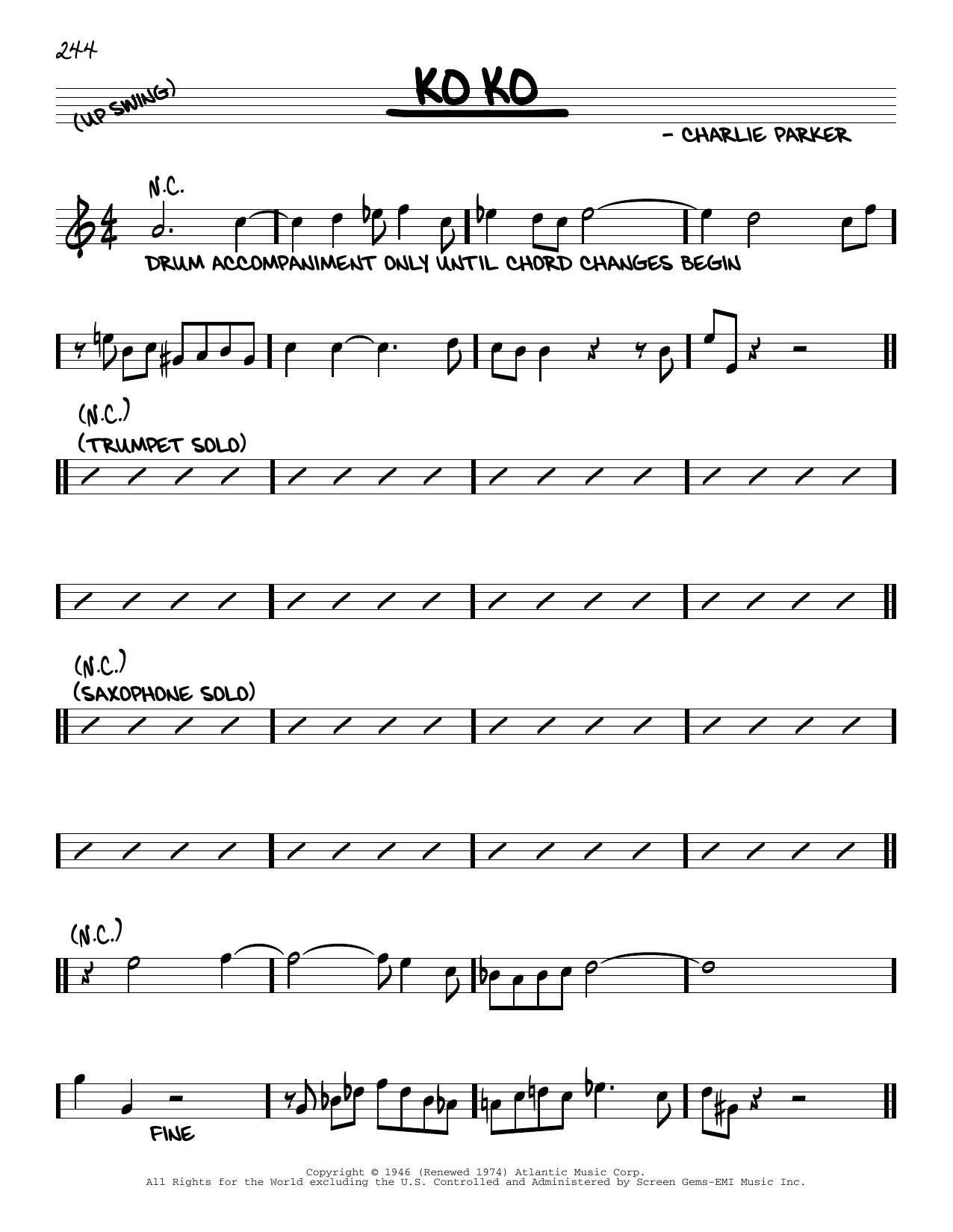 Charlie Parker Ko Ko Sheet Music